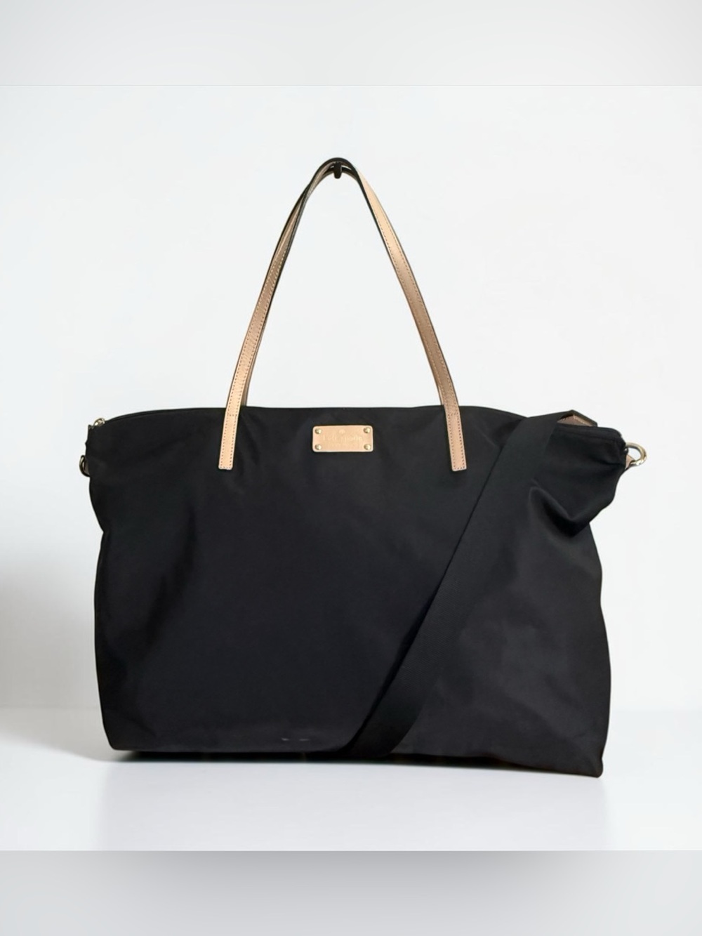 Kate Spade Black Nylon Tote with Gold Hardware and Tan Leather Handles! EUC!!